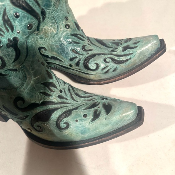 Black Star Boots Tooled Floral Paisley Leather Tall Western Boots Turquoise 9.5 - Picture 3 of 7